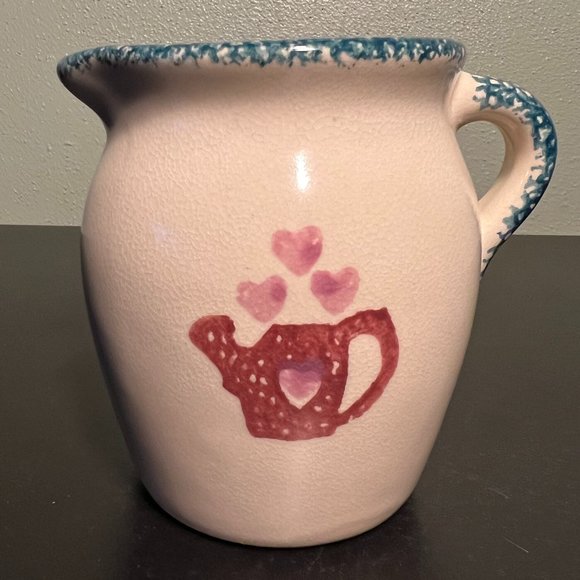 Blue Spongeware Creamer Pitcher ~ Pink Hearts ~ Watering Can - Picture 4 of 5